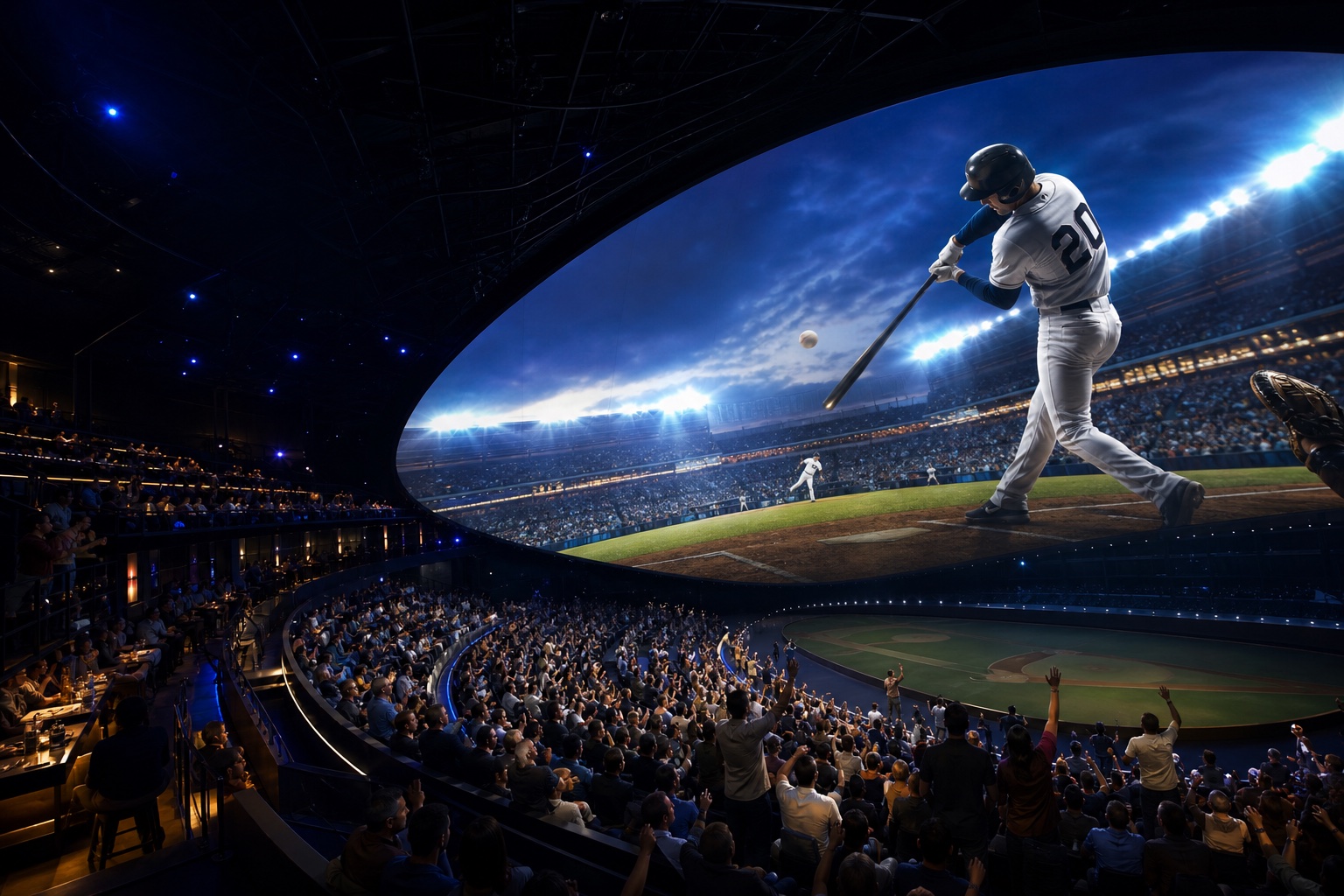 A crowd immersed in a live baseball game on a vast curved display