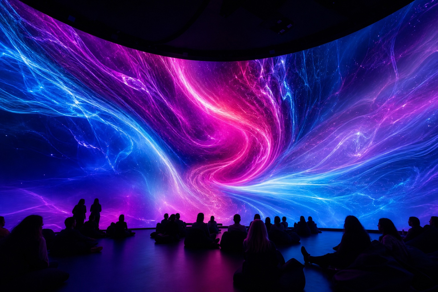 Guests surrounded by vivid flowing light on an immersive curved display